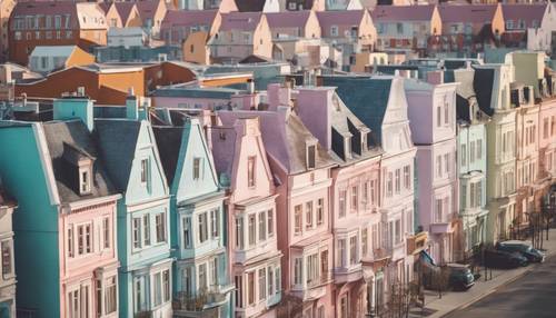 Una vista cercana de las casas adosadas de colores pastel en una ciudad pintoresca.