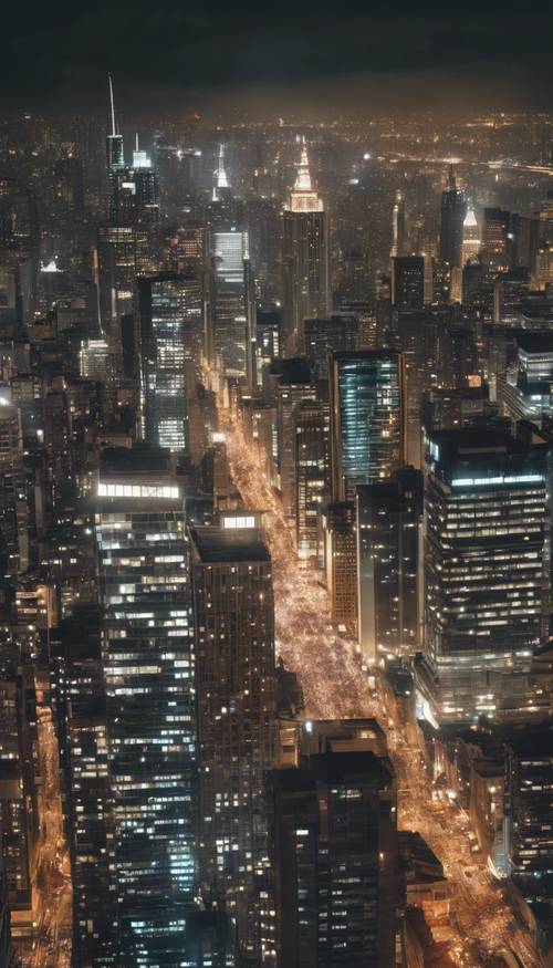 Uma movimentada paisagem urbana metropolitana à noite, altos arranha-céus iluminados com luzes cintilantes de escritórios e ruas movimentadas abaixo