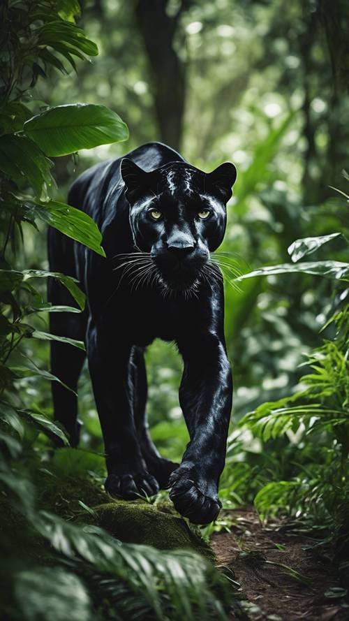 Ein heimlicher schwarzer Panther streift durch einen üppig grünen Dschungel.