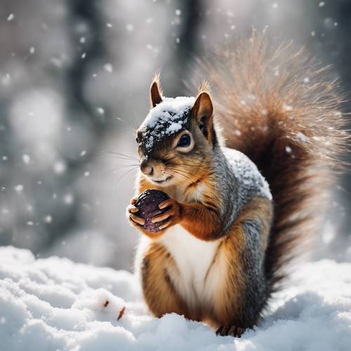 A squirrel nibbling on a nut amidst a snow-covered landscape.