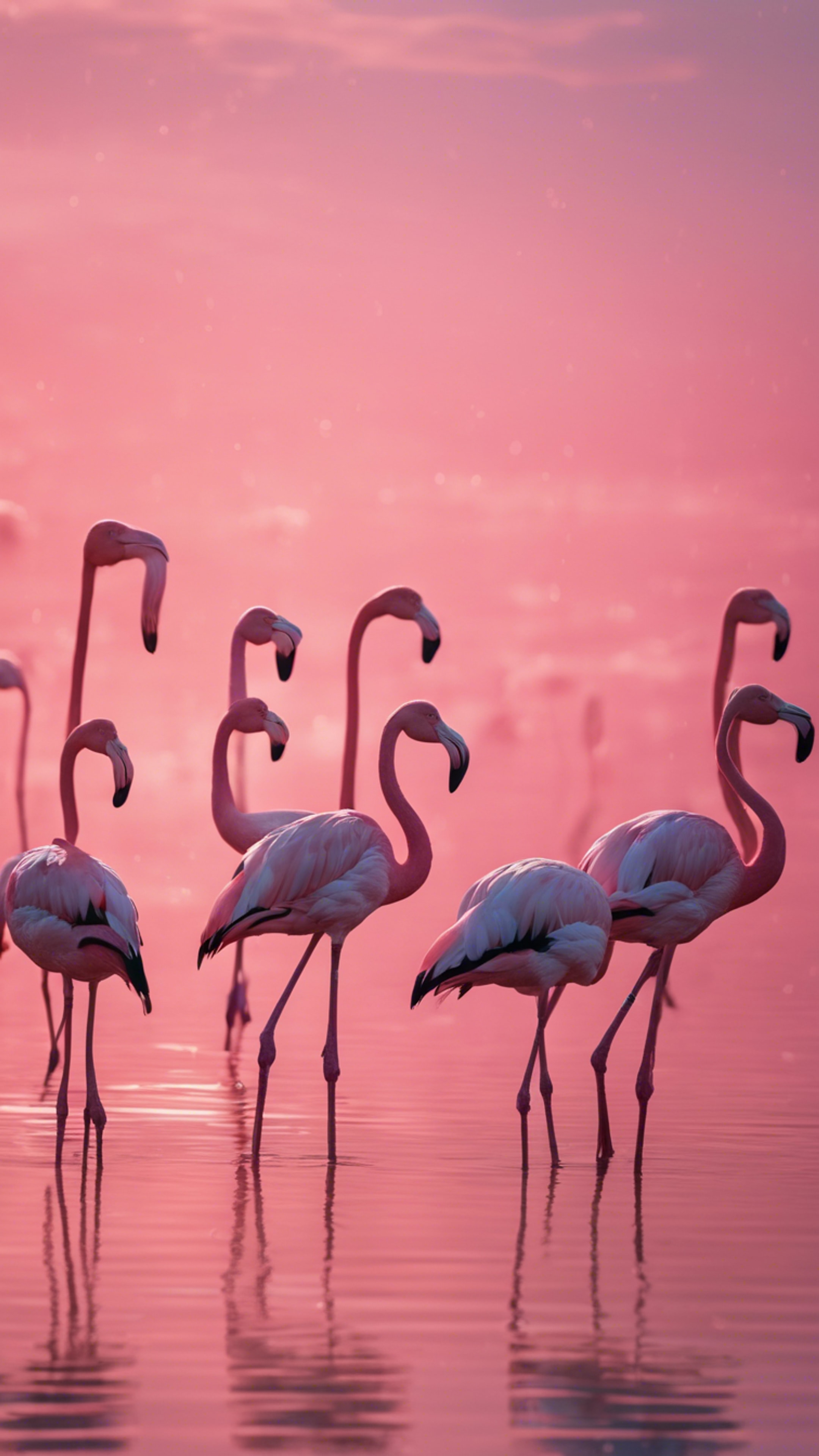 A flock of flamingoes standing in a calm, light pink waterbody during dusk. Wallpaper[b2c4914dc53a4cc1ae17]