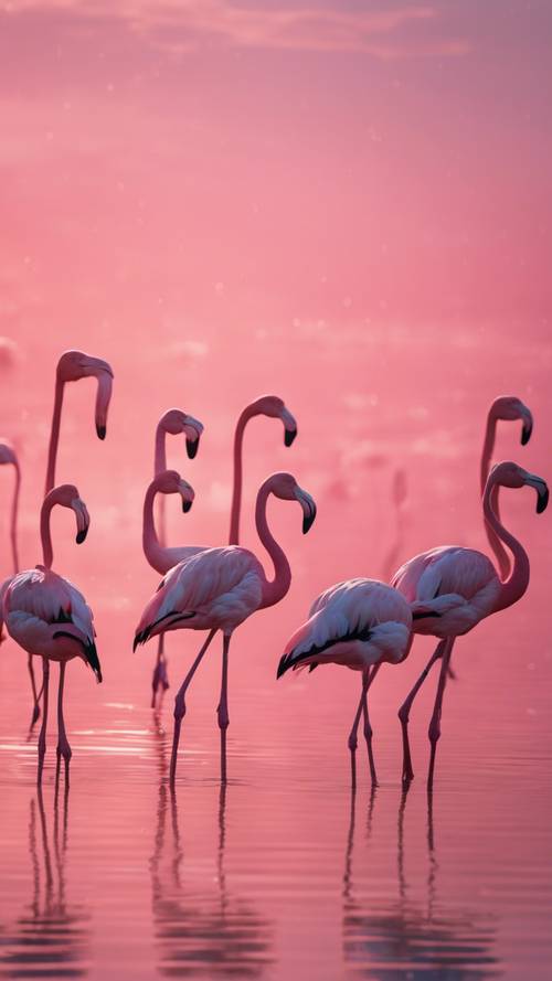 Alacakaranlıkta sakin, açık pembe bir su kütlesinde duran bir flamingo sürüsü.