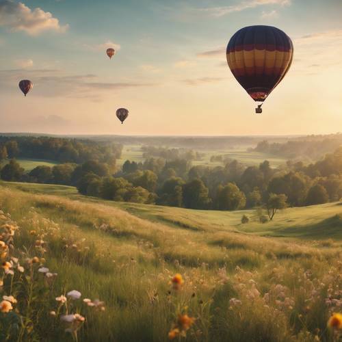 Ein Heißluftballon schwebt gemächlich über eine malerische Wiese, das Panorama unter ihm ist eine Augenweide.
