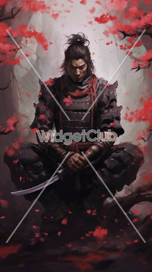 Samurai mit Schwert inmitten fallender roter Blätter