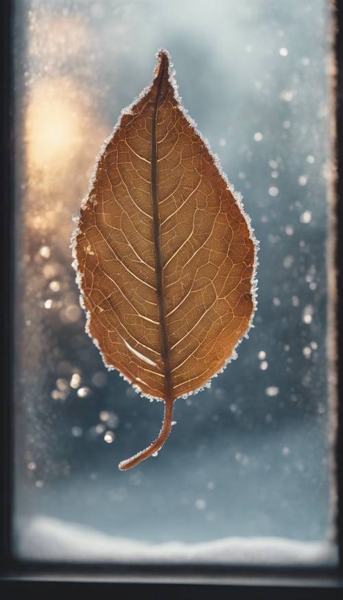 Zdjęcie samotnego liścia zrobione przez matowe szkło w mroźny zimowy dzień.