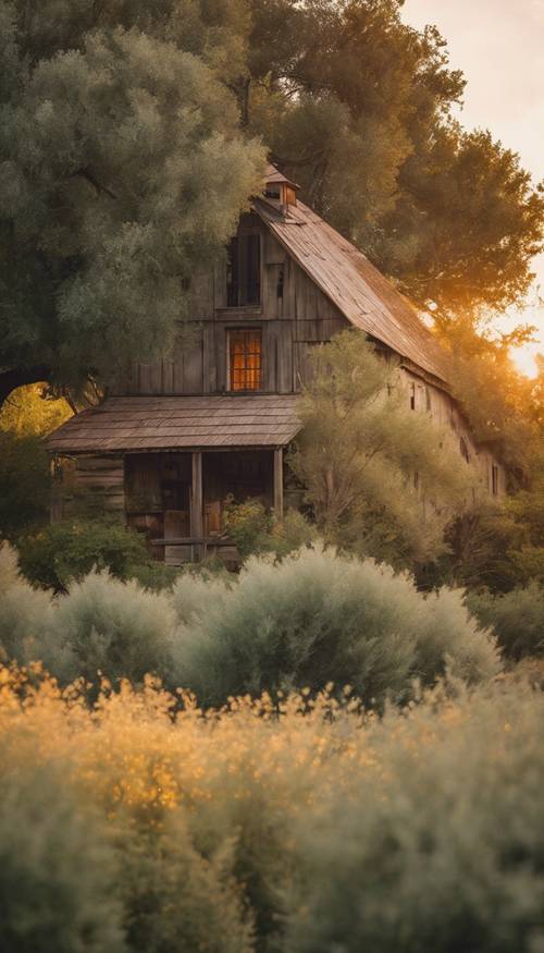 Sebuah rumah gudang pedesaan yang terletak di tengah dedaunan pepohonan hijau bijak saat matahari terbenam berwarna keemasan.