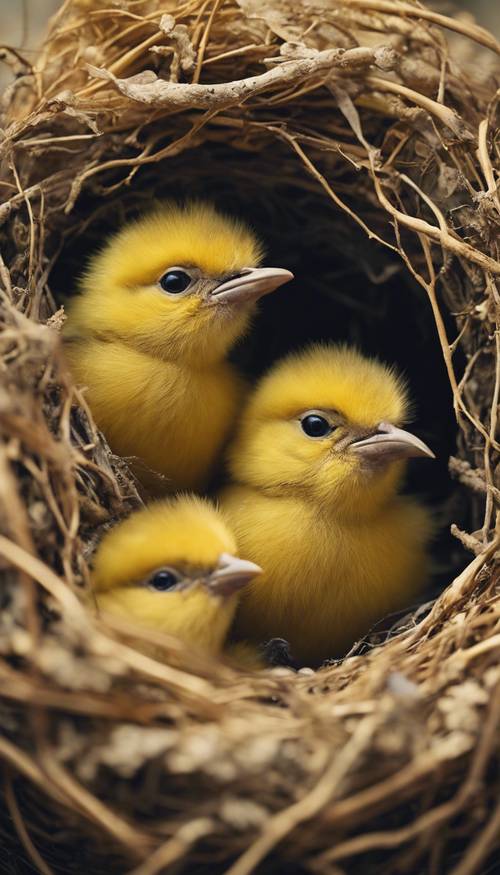Burung kuning yang baru lahir berkerumun di dalam sarang.
