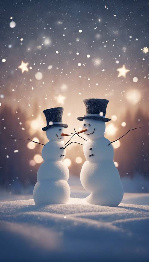 A heart shaped snowman couple under a starlit sky, with snowflakes gently falling in the background.