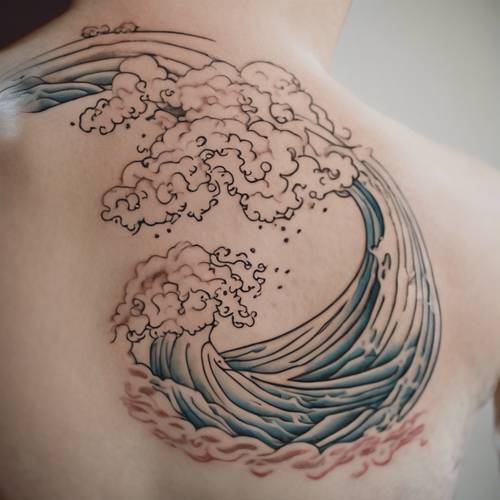 A close-up image of a Chinese wave tattoo on skin