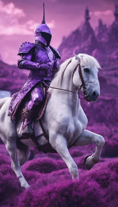 אביר לבן רוכב על סוס משוריין סגול בנוף פנטזיה סוריאליסטי.