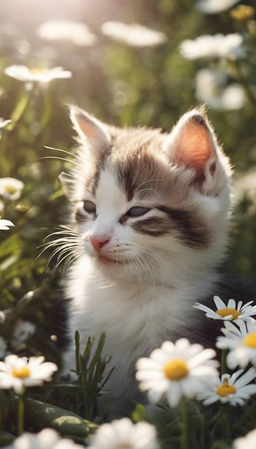 Ein Kätzchen schläft friedlich zwischen weißen Gänseblümchen in einem sonnigen Garten.