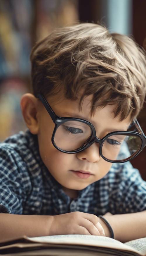 Ein süßer kleiner Junge mit Brille versucht angestrengt, ein großes, altes Geschichtenbuch zu lesen.