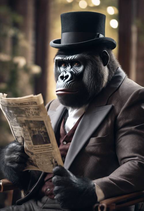 An anthropomorphic gorilla elegantly dressed in a Victorian suit and top hat reading a newspaper.