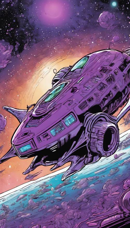 一個紫色的卡通外星人駕駛著一艘未來派的太空船穿越宇宙。