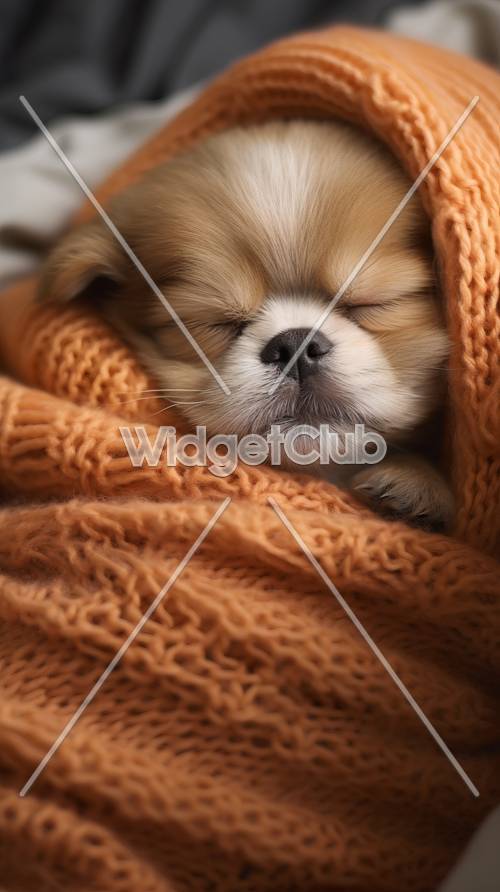 居心地の良いオレンジのセーターを着た眠っている子犬