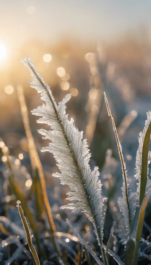 Иней мягко кристаллизуется на траве во время холодного зимнего рассвета.