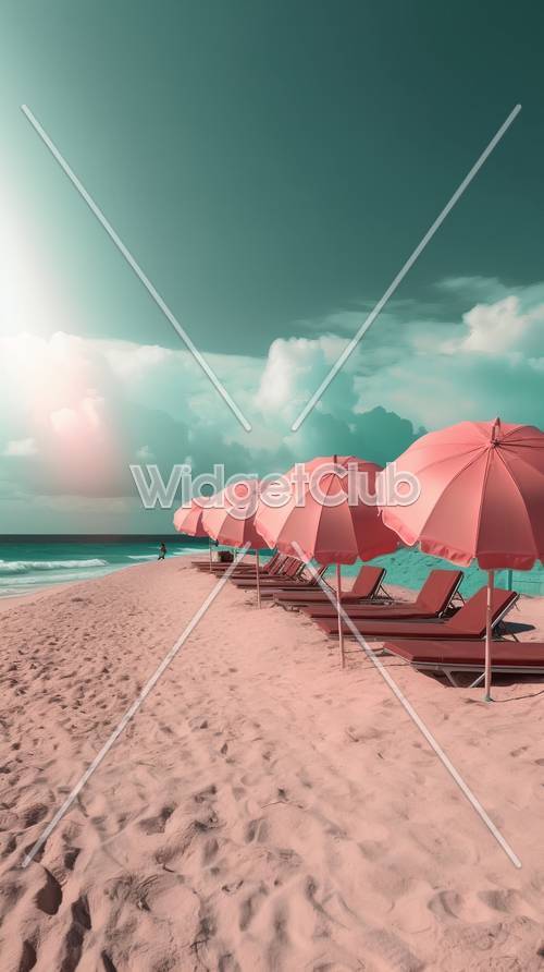 Sombrillas y sillas rosas en una playa soleada