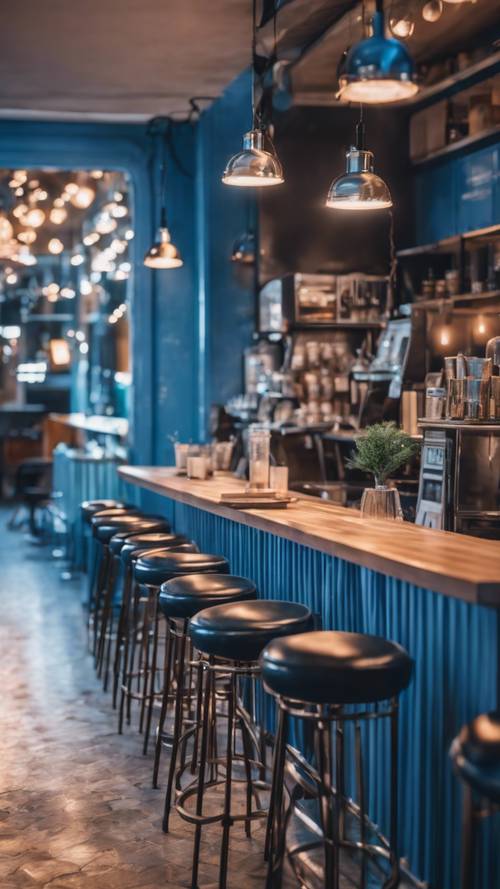 A chic urban cafe with cool blue interiors in the evening