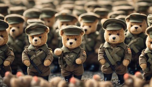 A platoon of soldier teddy bears in military uniforms standing in attention.