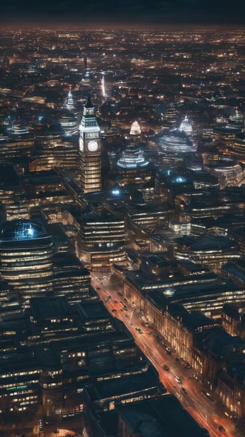 A futuristic view of London, with high-tech buildings and flying cars illuminating the night sky.