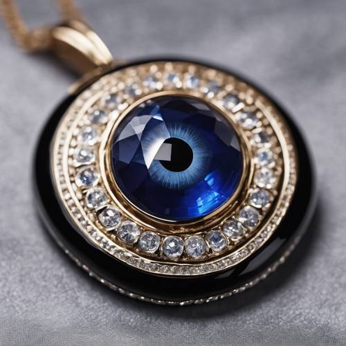 A blue evil eye pendant made of sapphire and diamond, against a black velvet backing. Tapet [93febdebef3640c799f1]