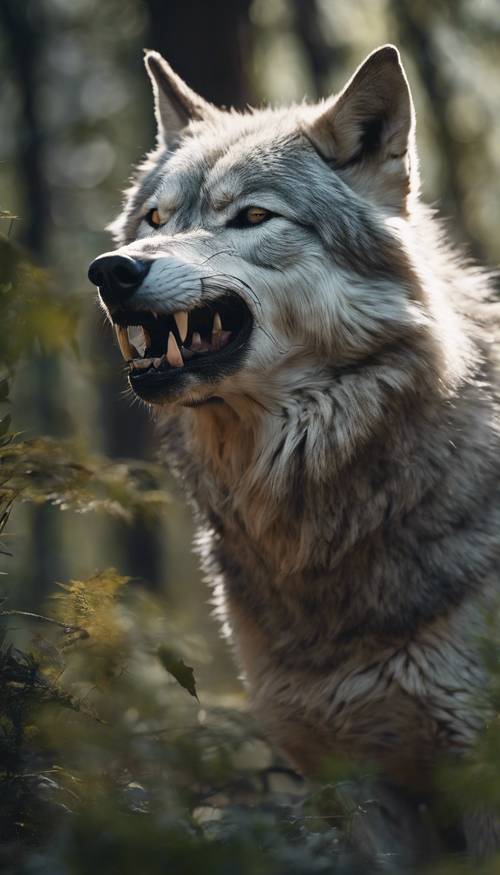 Serigala perak yang kuat dan berotot dengan lahap melahap mangsanya di hutan lebat yang dipenuhi semak belukar.
