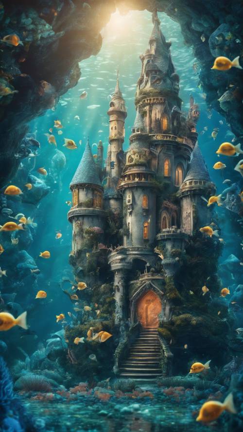 Ein magisches Schloss auf dem Meeresgrund, mit wirbelnden Meermenschen und leuchtenden, umherschwimmenden Wasserlebewesen.