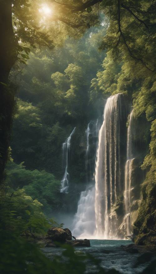 Ein atemberaubender Anblick eines Wasserfalls vor der Kulisse eines dichten Walddachs, das die wilde Seite des Sommers widerspiegelt.