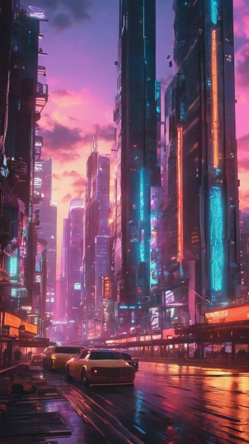 Uma movimentada cidade neon durante o pôr do sol com arranha-céus futuristas.