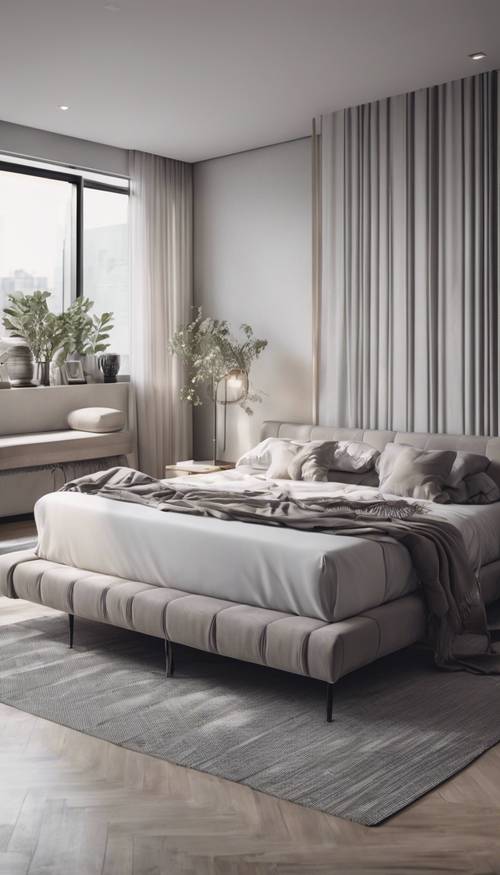 A modern bedroom with a platform bed, sleek furniture, and pale silver walls.