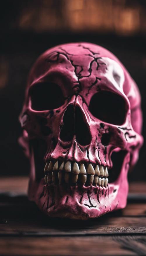Szczegółowa różowa i czarna czaszka siedząca na ciemnym drewnianym stole.