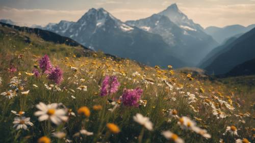 A stunning blanket of wildflowers against the backdrop of a majestic mountain, carrying the phrase 'Most of the important things in the world have been accomplished by people who have kept on trying when there seemed to be no hope at all'.