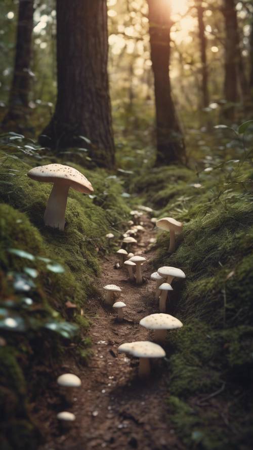 A mysterious forest path with softly glow in the dark mushrooms forming the words of a love quote.