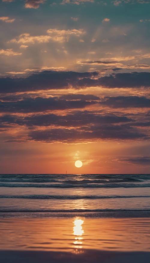 Uma praia isolada e tranquila ao pôr do sol, com tons coloridos refletindo nas águas calmas.