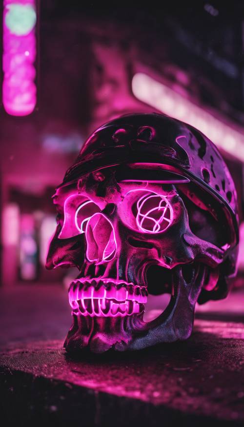 Розово-черный череп, выполненный в неоновых огнях, освещающий городскую улицу в ночное время.