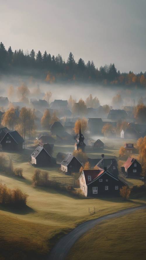 An old Nordic village on a foggy morning