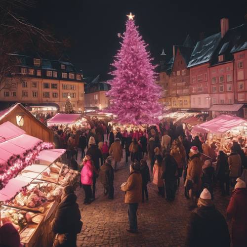 A Christmas market bustling with people, illuminated by a pink glow.