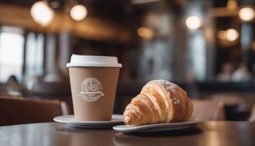 A brown paper coffee cup with a white logo, sitting on a café table next to a croissant.