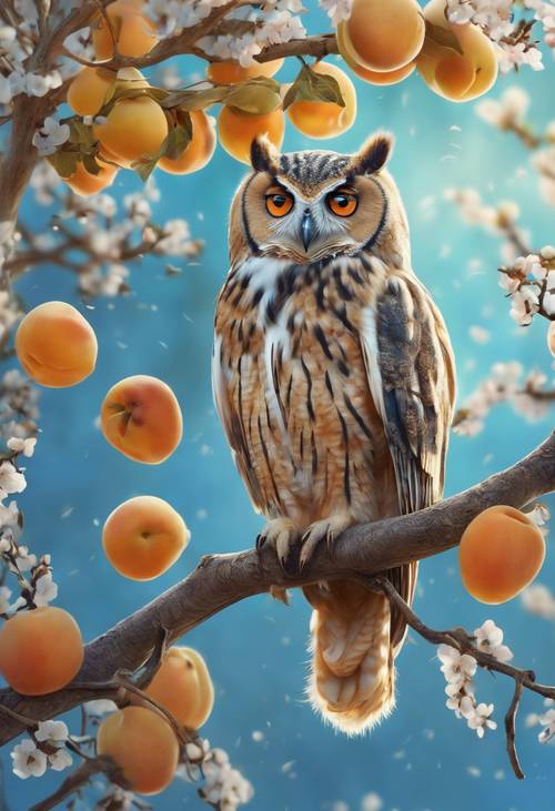 Lukisan burung hantu yang sedang duduk di pohon aprikot yang dipenuhi buah-buahan.