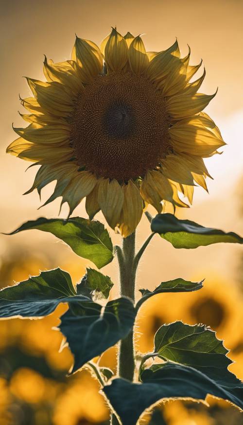 Duży, majestatyczny neonowożółty słonecznik kwitnący w ciepłym świetle słonecznym.