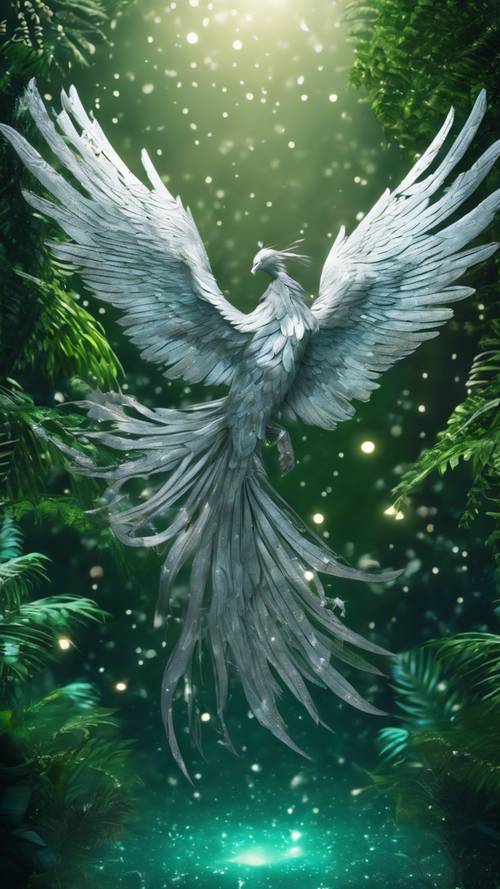 A silver phoenix soaring free, shimmering under the moonlight above a dense emerald jungle.