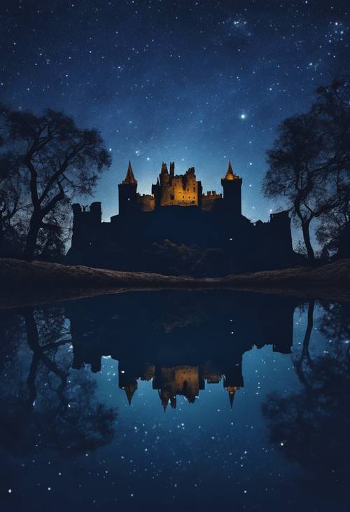 Silhouette einer alten Burg unter einem dunkelblauen, sternenklaren Nachthimmel