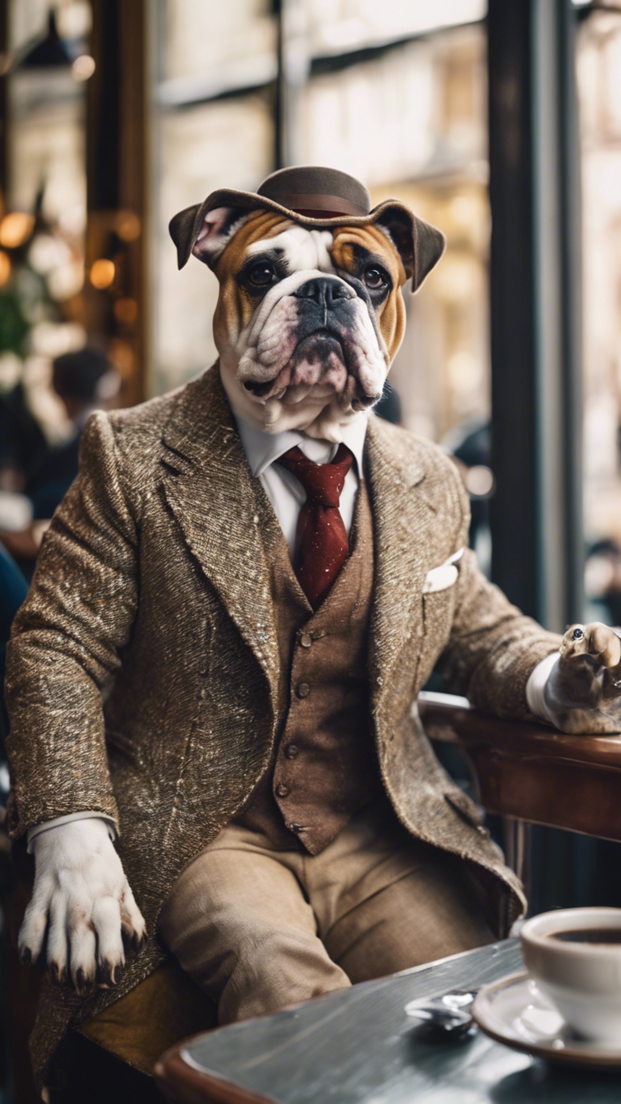 A happy bulldog dressed in a vintage tweed suit, sitting leisurely in a Parisian café.壁紙[7e86417637464b308192]