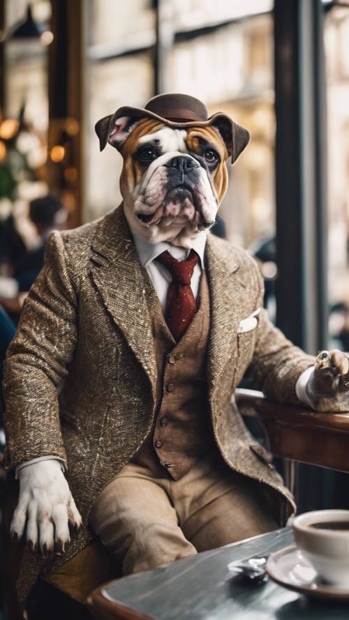 Un bulldog felice vestito con un abito vintage di tweed, seduto tranquillamente in un caffè parigino.