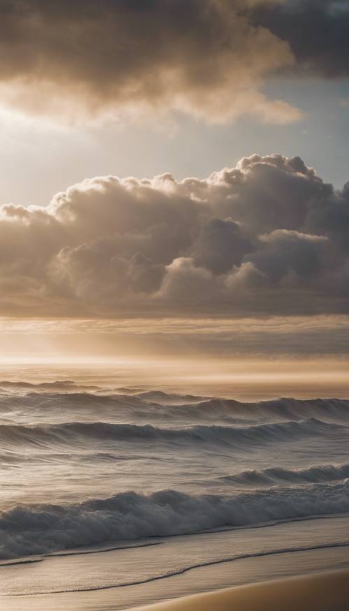 Rays of dawn sunlight piercing through stratocumulus clouds over the Pacific Ocean.