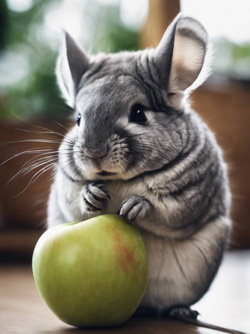 A fluffy, gray chinchilla cutely nibbling on an apple in a cozy indoor surrounding.