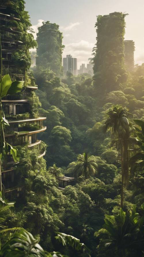 The lush skyline of a dense jungle city integrated with nature.