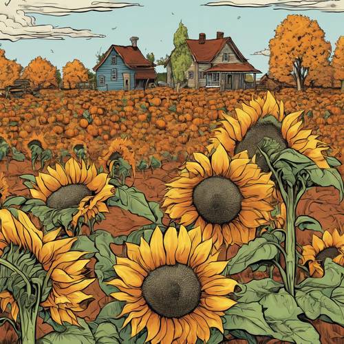 An autumn scene featuring a drooping cartoon sunflower in a pumpkin patch. Tapeta [71b57f9cfff843068cbb]