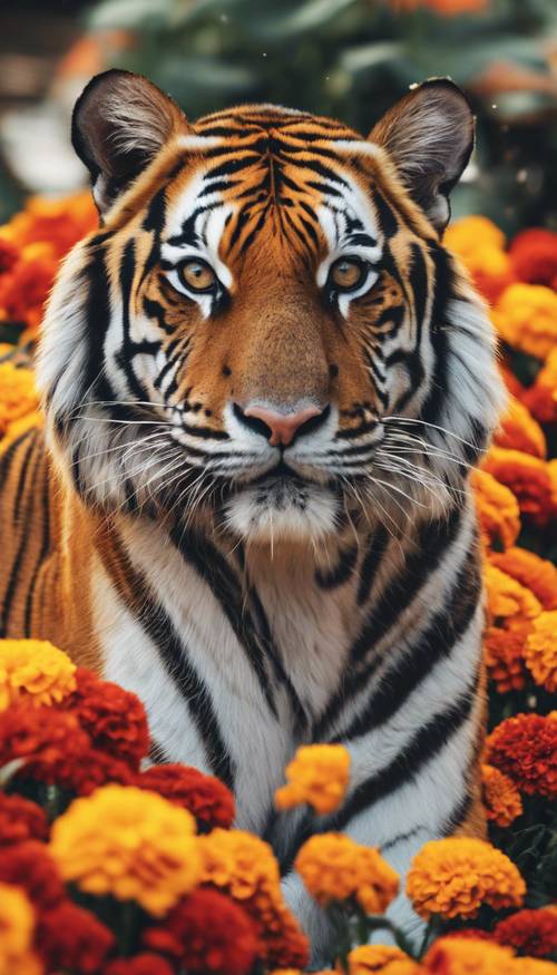 一只孟加拉虎躺在万寿菊花丛中，其鲜艳的条纹与鲜艳的花朵形成鲜明对比