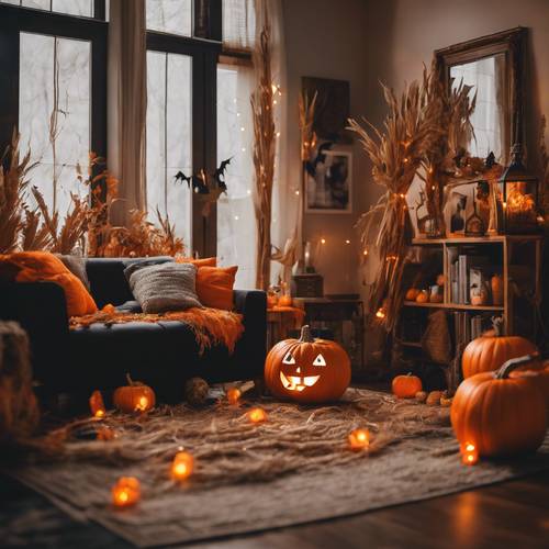 Un accogliente soggiorno decorato per Halloween: gambi di mais, foglie secche e luci arancioni.